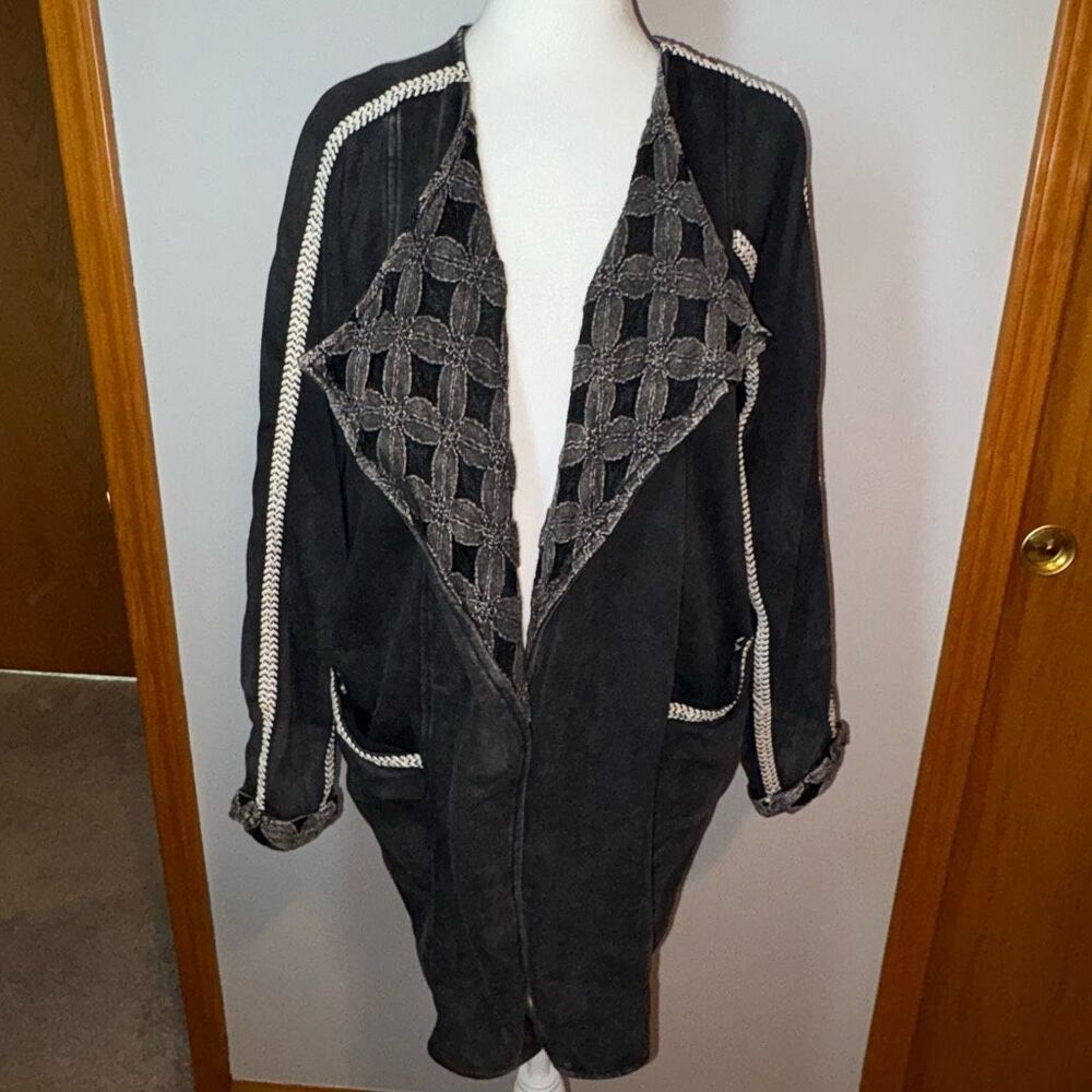 POL open front embroidered lace washed black oversized‎ cardigan size S